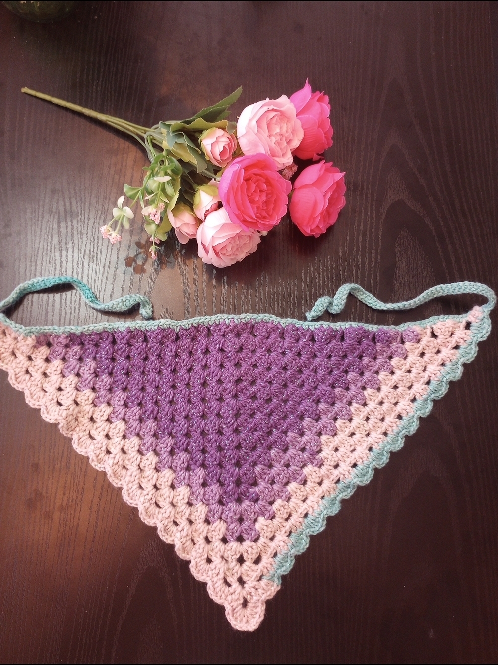 Crochet Bandana Scarf Purple, Pastel Taupe & Mint Green Sparkles Summer Beach